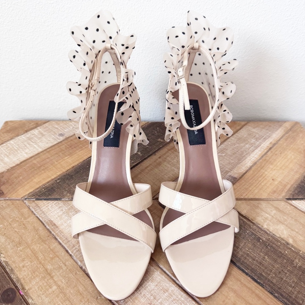 BCBGMaxazria Stella Sandal Cream Ruffle Polka Dot Heels - Picture 9 of 14